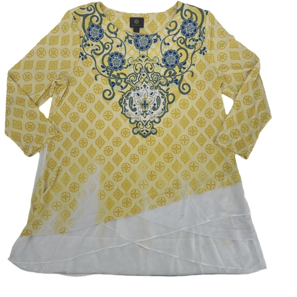 NWT JM Yellow Geometric Medallion Layered Tunic Top M (Fits Large)